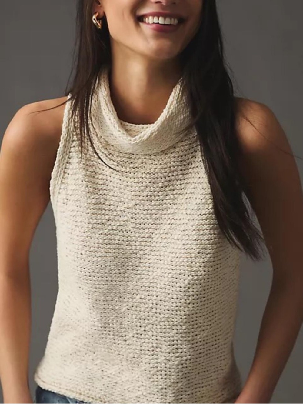 Anthropologie Cream Knit Sleeveless Cowl Neck Top